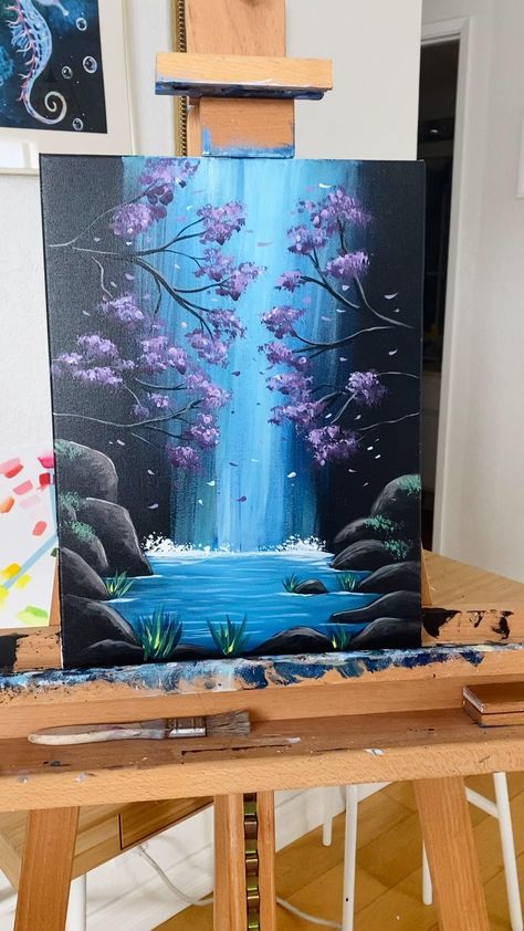 Lavender Falls Easy Paint and Sip Canvas Acrylic Painting Idea for a Waterfall