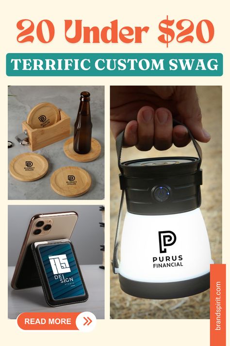 We've put together 20 ideas for custom swag that aren't your typical pen or keychain. We've even made sure they all cost less than $20 to help you stay on a budget. These promotional swag are items worth keeping and won't end up in the trash or unused. Personalize these select items - from an outdoor lamp to a sleek Magsafe phone wallet. Add your logo or a unique graphic design to stand out at any event or campaign. Available at brandspirit.com Employee Swag Bag Ideas, Best Swag Ideas, Promotional Products Ideas, Unique Swag Ideas, Corporate Swag Ideas, Swag Ideas For Business, Company Merchandise Ideas, Company Swag Ideas, Swag Bag Ideas