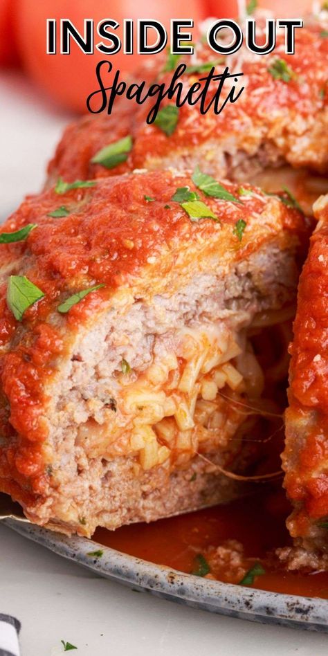 What’s better than spaghetti and meatballs? Spaghetti in a meatball! The whole family will love this Inside Out Spaghetti recipe! via @familyfresh Reverse Spaghetti And Meatballs, Spaghetti In Meatball, Meatball Wrapped Spaghetti, Meatball Stuffed With Spaghetti, Spaghetti Stuffed Meatloaf, Spaghetti Stuffed Meatball Recipe, Meatballs With Cheese Inside, Spaghetti Loaf, Spaghetti Meatloaf