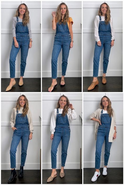 How to Wear Overalls (6 Easy Outfits) | Merrick's Art Overalls For Work Outfit, Jean Bibs Overalls Outfit, Capri Overalls Outfit, Navy Overalls Outfit, Overall Spring Outfit, Jean Overall Outfits Spring, Overall Work Outfit, Shoes To Wear With Overalls, Women’s Overalls Outfit