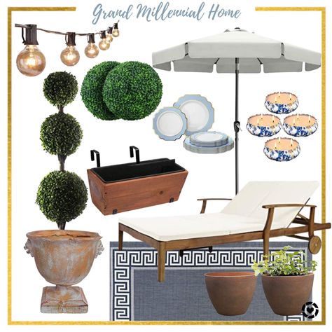 Love all these natural elements for an outdoor space. This patio umbrella is priced nicely for an elevated look like that. Also love this Greek key area rug and terra cotta pots. http://liketk.it/3aXij #liketkit @liketoknow.it #outdoorspaces #outdoorliving Grandmillenial Porch, Grand Millennial Porch, Grand Millennial Front Porch, Grand Millennial Patio, Nancy Meyers Outdoor Patio, Grandmillenial Living Room, Grandmillenial Style Interiors, Granny Chic Decor, Grandmillennial Style