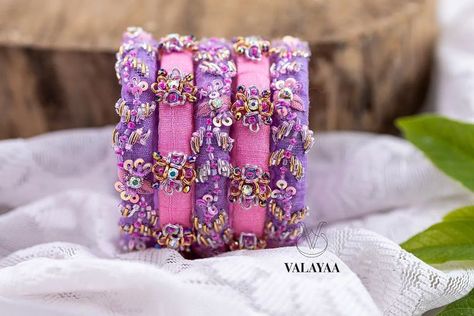 3d Bangles, Embroidery Bangles, Maggam Work Bangles, Aari Bangles, Fancy Bangles, Sequin Dress Outfit, Fabric Bangles, Kids Bangles, Silk Thread Bangles Design