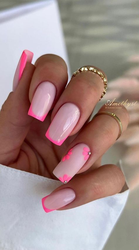 pink nails, light pink nails, pink nude nails, pink nails designs, pink nail ideas, hot pink nails, pink nail colors, pick n mix pink nails Bright Pink French Tips, French Tips With Flowers, Bright Acrylic Nails, Light Pink Nail Designs, Pink French Tips, Do It Yourself Nails, Pink Nail Ideas, Purple Nail Art Designs, Bright Summer Nails Designs