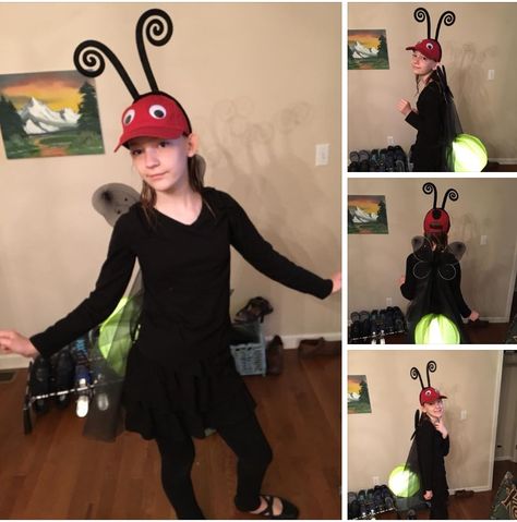 Firefly/Lightning Bug costume:  Ordered antennae and wings. Extended wings by attaching black tulle with hot glue. Glued googly eyes onto a red hat and used an iron-on patch for the spot on the back. Used a glow beach ball, replaced the glow stick with a stand of floral LED lights, covered the ball with yellow-green sparkly tulle and tied it to her waist. Lightning Bug Costume Diy, Firefly Costume Women, Fire Fly Costume, Lightning Bug Costume, Firefly Costume Diy, Ant Costume Diy, Diy Bug Costume, Firefly Costume, Ant Costume