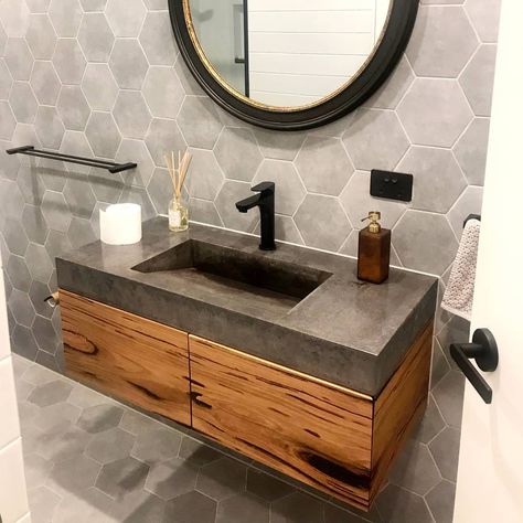 Jodie on Instagram: “A 1m custom polished charcoal concrete vanity with 2x Vic Ash feature grade timber drawers. Great to see pics of the ensuite finished,…” Concrete Bathroom Vanity, Timber Bathroom Vanities, Concrete Vanity, Timber Vanity, Kitchen Window Sill, Concrete Bathroom, Concrete Sink, Concrete Basin, Stone Bathroom