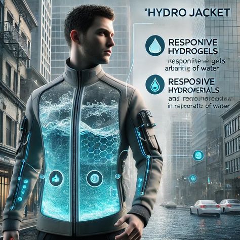 🌟 Introducing the Hydro Jacket: Innovation Meets Adaptation 🌟 Dive into the future of fashion with the Hydro Jacket, a revolutionary garment designed with responsive hydrogel technology. These smart hydrogels enable the jacket to dynamically expand and contract, adapting seamlessly to changes in temperature and humidity. Made from hydrophilic polymer chains, hydrogels can absorb large amounts of water while maintaining a stable and flexible structure. Perfect for urban explorers and outdoor... Smart Clothing, Future Technology Concept, Dnd Stories, Future Of Fashion, Cyberpunk Aesthetic, Cool New Gadgets, Future Tech, Futuristic Technology, Into The Future