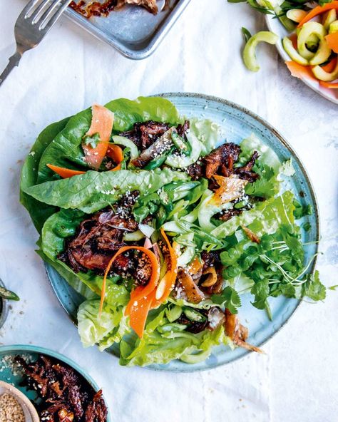 Hoisin duck lettuce wraps Duck Wraps, Hoisin Duck, Confit Duck Leg, Easy Lettuce Wraps, Crispy Duck, Donal Skehan, Lettuce Cups, Delicious Magazine, Midweek Meals