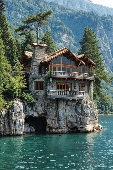 Lakeside Wonder Floating Lake House, Cabin On Cliff, Alaskan House, Cabin By The Sea, Houses On Stilts, House On A Cliff, Alaskan Homes, House On Stilt, Lakeside House