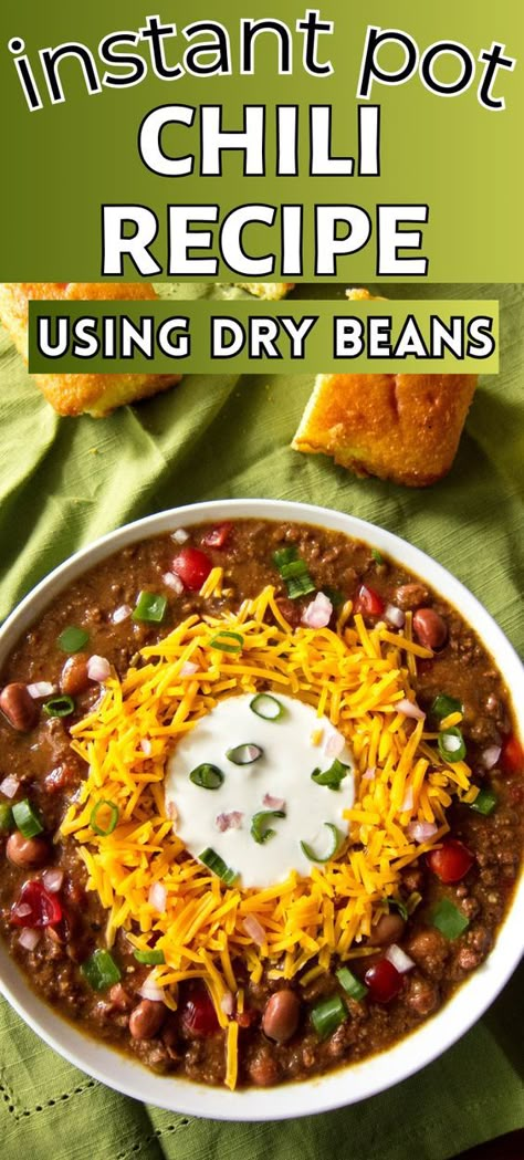 Make this easy instant pot chili with dry pinto beans for a hearty, flavorful dinner. The beans cook to perfection in the Instapot along with tomatoes, spices, and ground beef. This is the best chili instant pot recipe using dry beans. This is an easy chili instapot recipe that requires no long soaking. Chili Beans Instant Pot Recipe, Instant Pot Chili Dried Beans, Instant Pot Chili Dry Beans No Soak, Crockpot Chili With Dry Beans, Instapot Bean Recipes, Instant Pot Chili Dry Beans, Chili Instapot Recipe, Dry Beans Instant Pot, Pressure Cooker Chilli