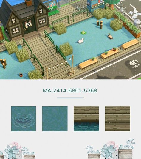 Acnh Water Entrance Designs, Pond Path Acnh, Pond Code Acnh, Animal Crossing Pond Code, Acnh Boardwalk Code, Acnh Boardwalk Path Code, Acnh Codes City, Acnh Pond Design Code, Acnh Pond Code