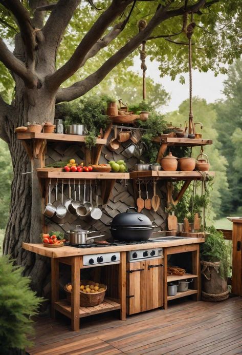 39 Stunning Outdoor Kitchen Ideas: With Style and Functionality Indian Outdoor Kitchen, Outside Cooking Station, Small Outdoor Cooking Area, Outdoor Garden Kitchen, Boho Outdoor Kitchen, Diy Patio Kitchen, Small Outside Kitchen Ideas, Outdoor Small Kitchen, Kitchen On Deck