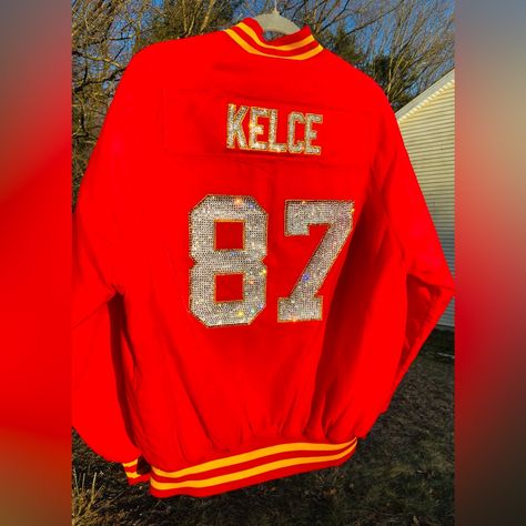 Rhinestone Jacket, Vintage Varsity Jacket, Custom Rhinestone, The Chiefs, Adidas Track Jacket, Vintage Reebok, Travis Kelce, Flannel Jacket, Vintage Denim Jacket