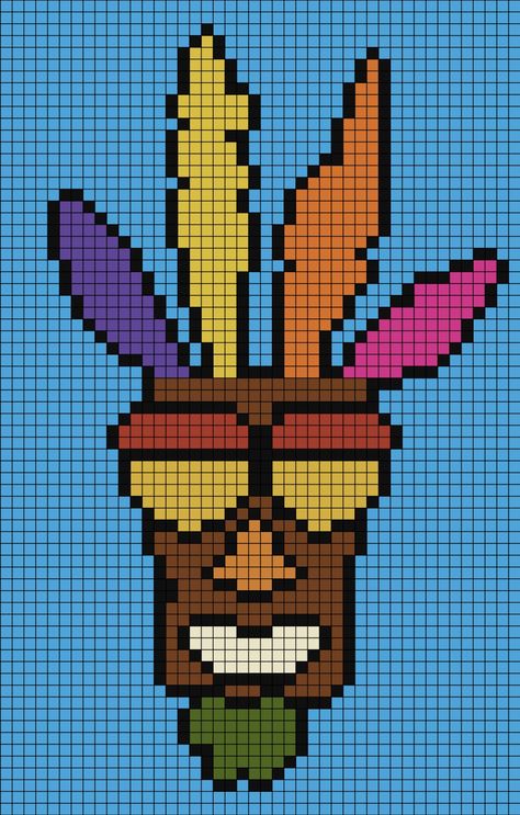 A large pixel art template of Aku-Aku from Crash Bandicoot the video game series. Hamma Beads Ideas, Pattern Game, Cross Stitch Fonts, Pixel Art Games, Thread & Yarn, Crash Bandicoot, Pixel Art Pattern, Bead Loom Patterns, Tapestry Crochet