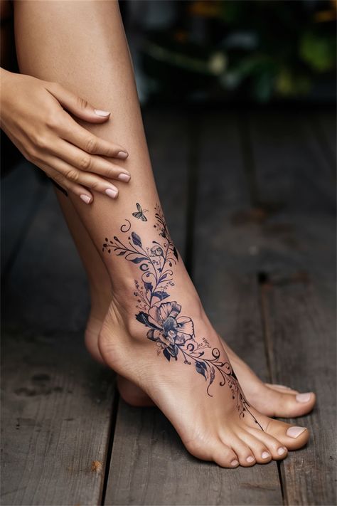 Explore our collection of stunning tattoos for women that beautifully adorn the ankle. These designs are not only cute but also meaningful, offering a touch of elegance to your body art. From pretty floral motifs to classy symbols, ankle tattoos can be a perfect small accent or a bold statement. Whether you prefer delicate patterns or unique illustrations, our ideas will inspire you to find the perfect piece for your leg. #TattoosForWomen #AnkleTattoos #BodyArt #TattooInspiration Classy Leg Tattoos For Women, Floral Wrap Around Ankle Tattoo, Fine Line Ankle Tattoos For Women, Dainty Foot Tattoos For Women, Wrap Around Leg Tattoo Women, Floral Ankle Tattoo, Ankle Tats, Wrap Around Ankle Tattoos, Ankle Tat