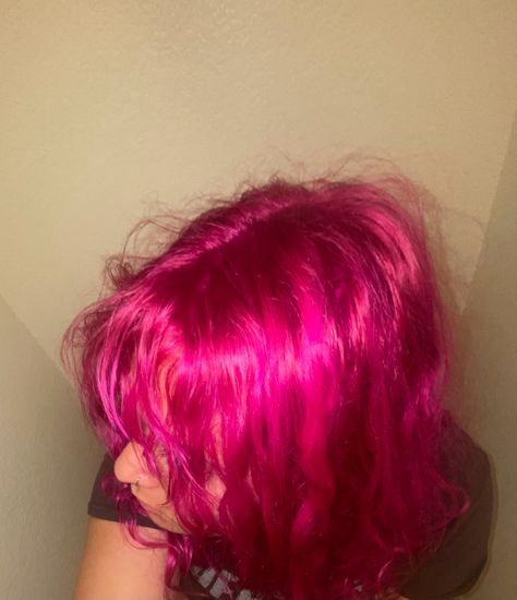 Neon Pink Hair Aesthetic, Curly Hot Pink Hair, Hot Pink Hair Ideas, Dark Pink Hair Aesthetic, Red To Pink Hair, Colored Hair Aesthetic, Hot Pink Hair Aesthetic, All Pink Hair, Hot Pink Curly Hair