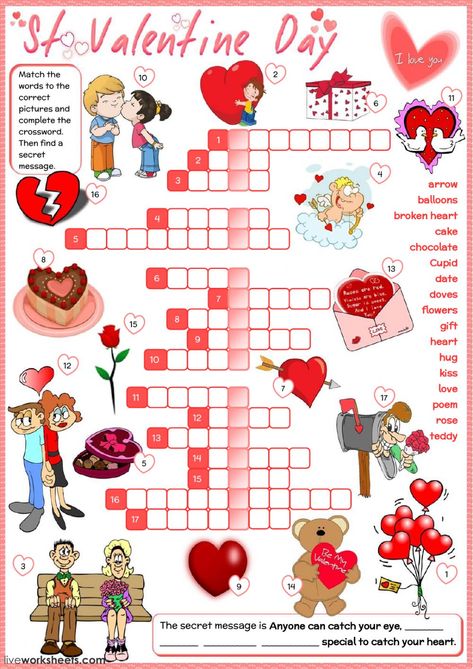 St Valentine's Day worksheet Valentine Worksheets, Valentine Words, Esl Activities, St Valentine, Crossword Puzzles, English Activities, Valentines Day Activities, Free Valentine, Saint Valentine