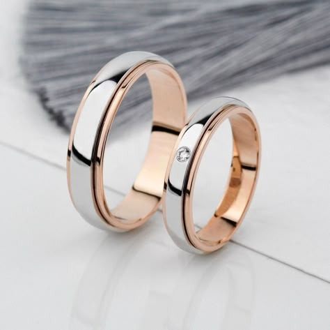 His and hers wedding bands made of two-tone solid gold. This matching set is very classy and stylish. Women's ring is decorated with shining diamond. The price is for a pair of rings. Please mention the size you need in the comments to your order. - 14k gold - 1 diamond 0,02 ct VVS2/F - her ring 4 mm wide - his ring 5 mm wide (you can change the rings parameters if you want) Free gift box. Express shipping with DHL (3-6 business days). If you want to replace diamond with other precious stone - p Simple Wedding Rings For Couples, Wedding Band Designs Couple, Two Tone Wedding Bands His And Hers, Wedding Ring Two Tone, Wedding Rings Couple White Gold, White Gold Wedding Rings His And Hers, Couples Ring Set Gold Weddings, Wedding Band Sets His And Hers, Best Wedding Rings Couple