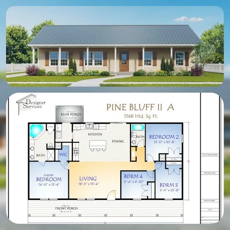 Pine Bluff II A 1568 Square Feet | Etsy House Plans With Photos, Pole Barn House Plans, 4 Bedroom House Plans, Building Plans House, Barndominium Floor Plans, Ranch House Plans, House Plans Farmhouse, House Blueprints, Pole Barn Homes