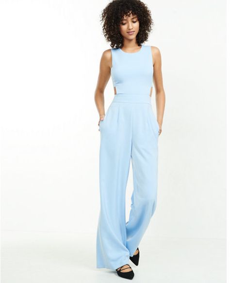 EXPRESS LIGHT BLUE OPEN BACK JUMPSUIT Blue Formal Jumpsuit, Blue Jumpsuits Outfit, Jumpsuit Outfit Wedding, Light Blue Jumpsuit, Blue Wedding Guest Dresses, Open Back Jumpsuit, Maxon Schreave, Recruitment Outfits, Formal Jumpsuit