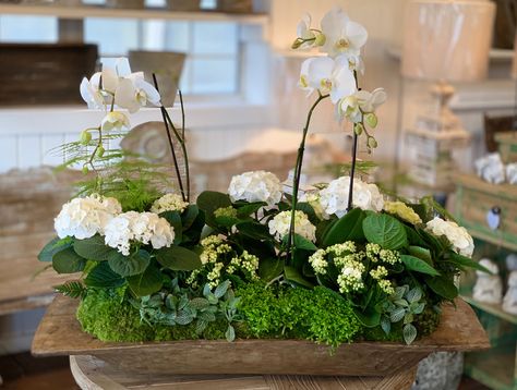 White flowers and a dough bowl !! Dough Bowl Centerpiece Floral, Decorate Long Dough Bowl, Dough Bowl Planter, Dough Bowl Floral Arrangements, Centerpiece Bowl Filler Ideas, Planted Centerpieces, Wooden Bowls Decor, Large Dough Bowl, Seasonal Centerpieces