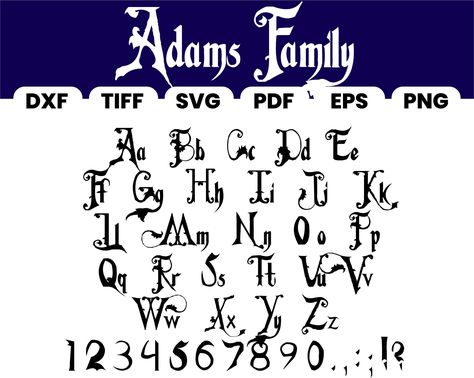 Gothic typeface featuring a tall x-height, narrow letters, and a sharp, angular appearance. It was originally created for the 1964 TV series The Addams#gothicfonts #darkdesign #typographyinspo #vintagevibes #spookyfonts Addams Family Font Alphabet, Addams Family Font, Creepy Fonts, Family Lettering, Gothic Words, Halloween Fonts Alphabet, Victorian Fonts, Fonts In Canva, Gothic Letters