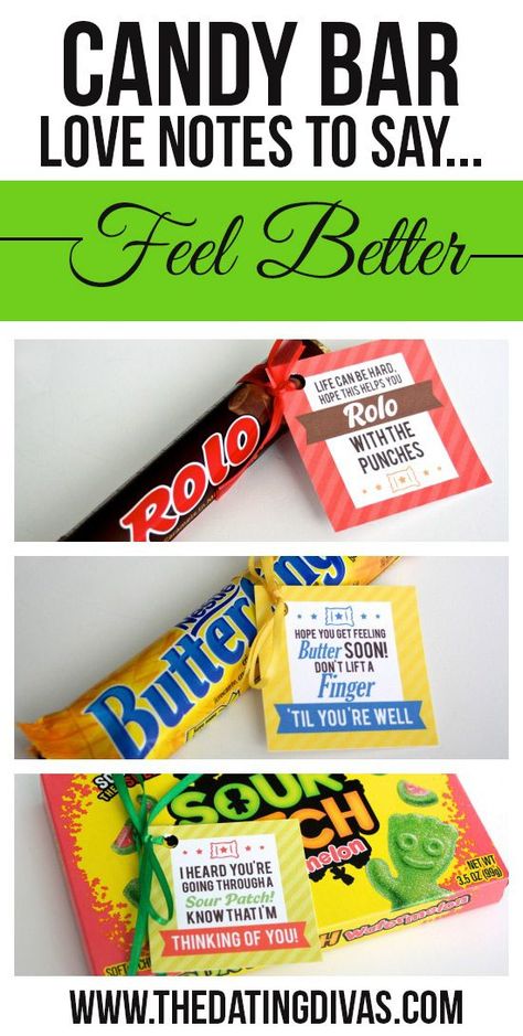 Printable candy bar gift tags! Such a cute and easy gift idea to cheer up a loved one or friend. www.TheDatingDivas.com Clever Candy Sayings, Candy Bar Sayings, Candy Sayings, Candy Bar Gifts, Candy Notes, Feel Better Gifts, Candy Quotes, Candy Grams, Cheer Up Gifts