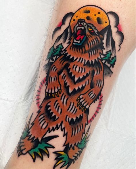 Bigfoot Tattoo Traditional, Traditional Cryptid Tattoo, American Traditional Outdoors Tattoo, Traditional Sasquatch Tattoo, Traditional Polar Bear Tattoo, Old School Bear Tattoo, Traditional Badger Tattoo, Traditional Forest Tattoo, Mountain Man Tattoo