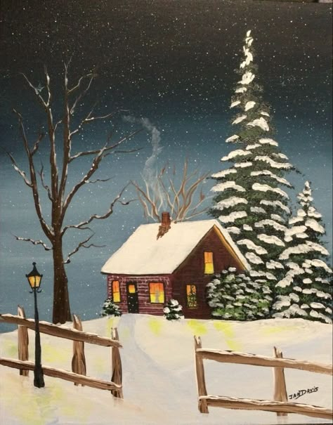 Winter Houses Drawings, Christmas Cottage Drawing, Winter Cottage Painting, Canvas Painting Ideas Winter, Winter Scenery Paintings, Christmas Landscape Drawing, Winter House Drawing, Winter Painting Ideas On Canvas, Christmas Scenery Paintings