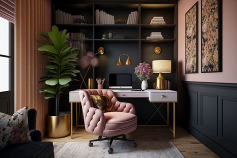 Feminine Study Office Decor, Muted Pink Office, Modern Girly Office, Moody Pink Home Office, Boho Chic Office Space, Boho Study Desk, Boho Glam Home Office, Boho Glam Office Decor, Dreamy Office Spaces