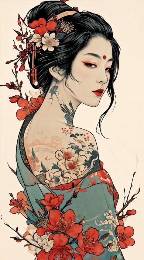 Woman Samurai Tattoo, Japanese Woman Drawing, Japanese Geisha Drawing, Old Japanese Art, Japanese Geisha Tattoo, Geisha Drawing, Geisha Artwork, Geisha Illustration, Geisha Tattoo Design