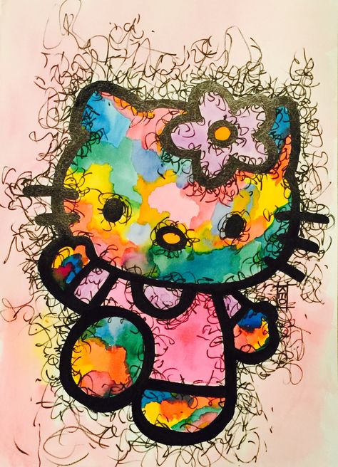 Hello Abstract Kitty 12 x 18 watercolor & ink -sold- My Melody Watercolor, Hello Kitty Acrylic Painting, Hello Kitty Watercolor, Sanrio Watercolor Art, Painting Of Hello Kitty, Hello Kitty With Flowers, Hello Kitty Watercolor Tattoo, Kitty Watercolor, Beach Icon