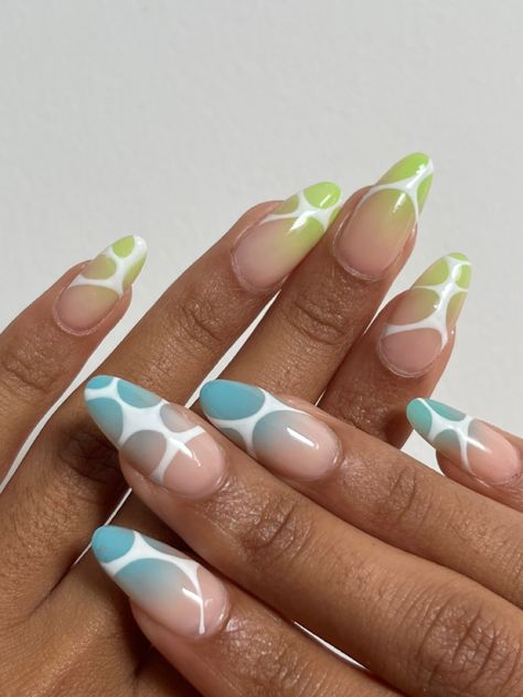 Blue And Green Nails Designs Art Ideas, Blue Green White Nails, Webbed Nails, Green And Blue Summer Nails, Green And Blue Nail Ideas, Light Blue And Green Nails, Green Airbrush Nails, Blue Green Nails Designs, Green And Blue Nails Designs