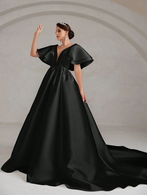 Plunging Neck Butterfly Sleeve Maxi Satin Wedding DressI discovered amazing products on SHEIN.com, come check them out! Pink Satin Gown, Long Sleeve Satin Dress, Princess Ballgown, Short Satin Dress, Traditional Bride, Black Satin Dress, Wedding Dresses Satin, Plunging Neck, Butterfly Sleeve