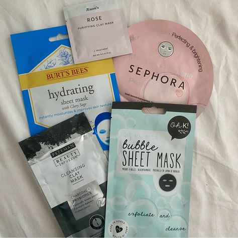 Bundle Of Face Masks Face Mask Bundle Including 5 Face Masks From Sephora, Aenon’s, Freeman, Oh K!, And Burt’s Bees Includes 2 Clay Masks And 3 Sheet Masks All Brand New In Original Packaging Face Masks Aesthetic, Burrr Basket, Christmas Gift Baskets For Friends, Beach Sleepover, Bestie Basket, Face Mask For Skin Care, Aesthetic Face Mask, Fall Sleepover, Pore Cleansing Mask