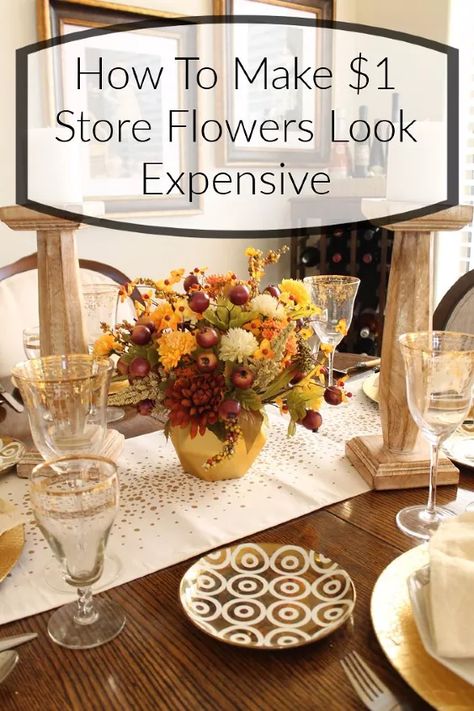 Fake Flower Arrangements Diy, Dollar Tree Flowers, Fake Flower Arrangements, Dinner Decor, Dollar Tree Fall, Fall Flower Arrangements, Tree Flowers, Fall Floral Arrangements, Budget Decorating