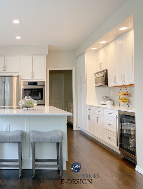 Snowbound Vs Simply White, Swiss Coffee Trim, Simply White Walls, 2000s Kitchen, Revere Pewter Kitchen, Benjamin Moore Swiss Coffee, Swiss Coffee Benjamin Moore, Swiss Coffee Paint, Dark Oak Flooring