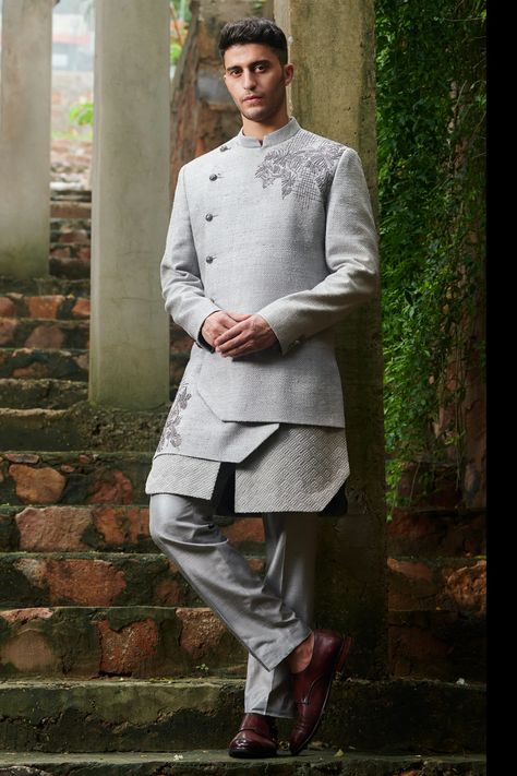 Buy #RachitKhanna- #men #layered #sherwani set online at #Aza #Fashions Shop online now at #Azafashions.com Call +91 99870 70743 or email contactus@azafashions.com for enquiries. #men #menswear #groom #wedding #reception #groomsmen Mens Kurta Designs, Wedding Sherwani, Handloom Fabric, Geometric Embroidery, New Address, Nehru Jackets, Groom Wear, Embroidered Neckline, Indian Fashion Designers