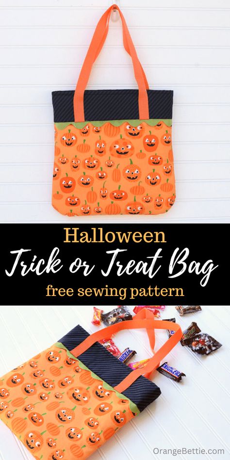 Halloween Trick or Treat Bag - Free Sewing Pattern Diy Halloween Trick Or Treat Bags, Halloween Bags Diy, Halloween Sewing Patterns, Halloween Treat Bags Diy, Diy Treat Bag, Halloween Fabric Crafts, Halloween Sewing Projects, Halloween Quilt Patterns, Fall Sewing Projects