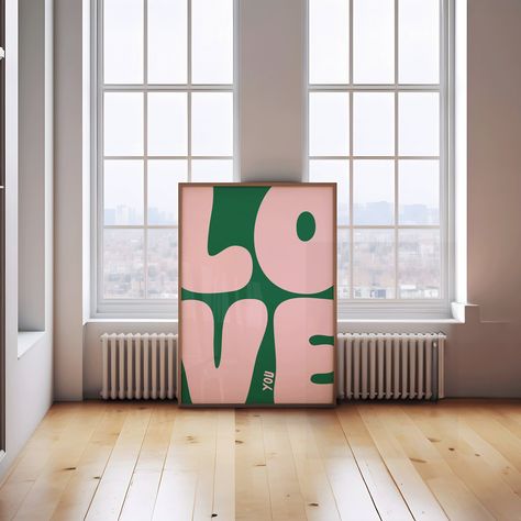 Love You Art Print | Bold Retro Poster Wall Decor | Green and Pink I love you wall art | 💗DIGITAL DOWNLOAD ONLY | Instantly download and print our digital wall art for a quick and affordable way to decorate your space. Our art prints also make excellent gifts, or you can use them as cute and unique wallpapers for your phone! Once purchased, your files will be instantly downloadable via your 'purchases' tab, or through a link sent directly to your email.  💗SIZING INFO:  Your download contains 5 Boho Aesthetic Living Room, Cool Apartment, Wal Art, Green Wall Decor, Aesthetic Living Room, Apartment Art, Boho Aesthetic, Living Room Wall Decor, Bedroom Prints