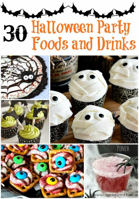 30 Halloween Party Foods and Drinks. Halloween Party Foods, Wednesday Party, Halloween Themed Food, Halloween Food Appetizers, Spooky Party, Foods And Drinks, Halloween Appetizers, Party Food And Drinks, Halloween Desserts