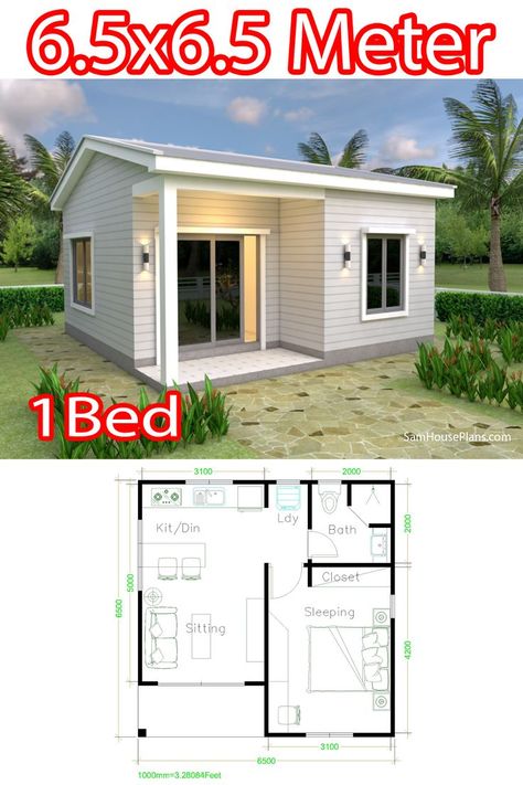 Small House Plans 21x21 Feet 6.5x6.5m One Bedroom | Small house layout, Small house plans, Small house blueprints One Bedroom Plans Layout, Very Small House Plans, Small House Design 1 Bedroom, House Layouts 1 Bedroom, Two Bedroom Small House, One Story One Bedroom House Plans, Small House Plans 1 Bedroom Layout, Small One Bedroom House Plans Modern, Bungalow House Plans Small