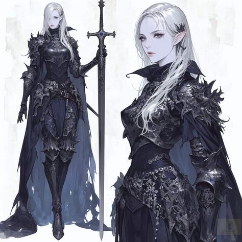 Elf Armor Design, Knight Outfit Female, Female Undead Knight, Female Armor Design, Female Armour Art, Elven Warrior Female, Black Armour Female, Dragon Armor Female, Female Viking Art