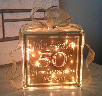 50th Anniversary Glass Block $35  Xpressables.com 50th Wedding Anniversary Party Ideas, 50th Anniversary Party Decorations, Golden Anniversary Party, 50 Th Anniversary, 50th Wedding Anniversary Gifts, Wedding Anniversary Party Ideas, 50 Wedding Anniversary, 50th Anniversary Party Ideas, 50th Year Wedding Anniversary