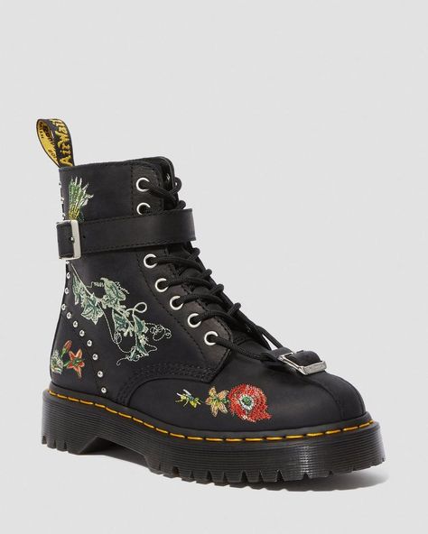 Our Gomez Wild Botanics boot is a classic Docs silhouette with a floral twist. The botanical embroidery has been designed in-house and the lace has been woven through eyelets, secured at the toe with a buckle. Built with durable Moldova leather. Moldova WP is a super-soft, textured leather with a light but oily feel and water resistant finish. Clean with a damp cloth and care with Dr. Martens Wonder Balsam Silver eyelets Built with core Dr. Martens DNA: grooved edges, an AirWair heel loop and vi Dc Martens, Red Doc Martens, Doc Martens Style, Botanical Embroidery, Doc Martens Boots, Floral Boots, Boots Uk, Leather Lace Up Boots, Shoe Company