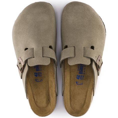 Boston Soft Footbed Suede Leather Taupe | BIRKENSTOCK Birkenstock Colors, Boston Soft Footbed, Taupe Sandals, Birkenstock Clogs, Boston Clogs, Birkenstock Men, European Shoes, Breaking In, Boston Clog