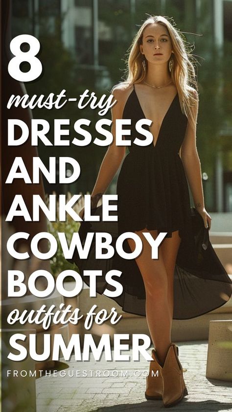 Step up your summer style with 8 trendy outfits featuring ankle cowboy boots and dresses. These combinations are perfect for adding a modern twist to your warm-weather wardrobe. | western outfits women | cowgirl outfits | cowgirl style outfits | cowgirl boots outfit | summer outfits 2024 | country outfits | cowboy boots outfit | dresses with cowboy boots | dress with cowboy boots | dresses to wear with cowboy boots | how to wear ankle cowboy boots | ankle cowboy boots outfit summer the dress Brown Ankle Cowboy Boots Outfit, How To Style Western Ankle Boots, Short Cowboy Boots Outfit Summer, How To Wear Short Cowboy Boots, Ankle Cowgirl Boots Outfit, Cowboy Ankle Boots Outfit, Boots And Dresses Outfit, Cowboy Booties Outfit, Cowboy Boots And Dresses Outfit