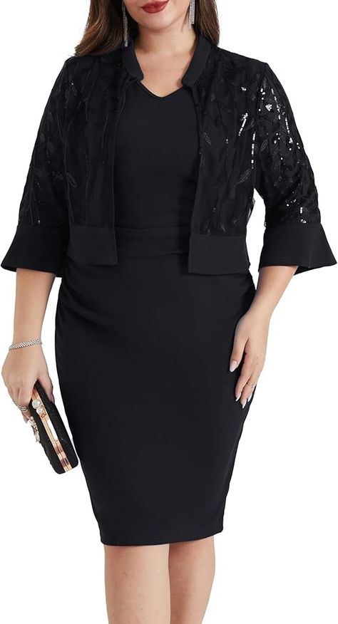 Amazon.com: Hanna Nikole Plus Size V Neck Mother of The Bride Dresses for Wedding with a Sequin Coat for Party Black 16 Plus : Clothing, Shoes & Jewelry Formal Bodycon Dress, Plus Size Wedding Guest, Sequin Coats, Bodycon Dress Formal, Nice Clothes, Sequin Jacket, Mother Of The Bride Dress, Plus Size Wedding, Dress Formal