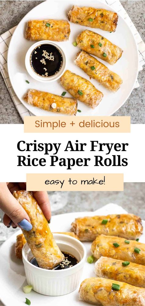 Crispy yet slightly chewy on the insides, these air fryer rice paper rolls will be a hit! It is highly versatile and can be served as an appetizer or light lunch. The best part is you can make these crispy rice paper rolls in 45 minutes! Crispy Rice Paper Rolls, Air Fryer Rice, Chicken Rice Paper Rolls, Vegan Rice Paper Rolls, Rice Paper Rolls Recipes, Rice Paper Spring Rolls, Crispy Rice Paper, Rice Paper Recipes, Rice Paper Wraps