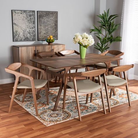 Kalie Mid-Century Modern Black Faux Leather Upholstered And Walnut Brown Finished Wood 7-Piece Dining Set Dining Area Design, Studio Chairs, Modern Dining Room Tables, 7 Piece Dining Set, Mid Century Modern Dining, Baxton Studio, Best Dining, Modern Dining Room, Kitchen Dining Furniture