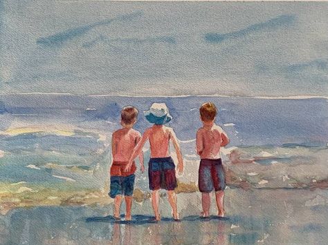 Original figurative painting by Christine Beard (Australia). This one-of-a-kind watercolor on paper painting measures 16.1W x 12.2 H inches, and is framed. The people painting ships in a tube directly from the artist's studio and is covered by the 14-day satisfaction guarantee from Saatchi Art, so you can buy with confidence. Painted Paddles, Beach Watercolor, Diy Watercolor Painting, Diy Watercolor, Beach Painting, Small Paintings, Painting For Kids, Modern Painting, Figurative Art